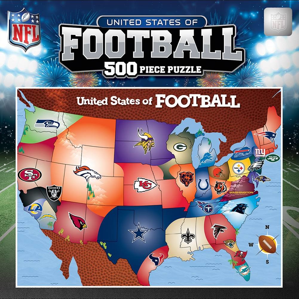 Colorful football-themed map puzzle featuring NFL team logos across the United States with 500 pieces for sports fans.