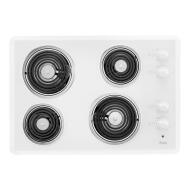 White 30-inch electric coil cooktop with four burners and two control knobs for home kitchen appliances use