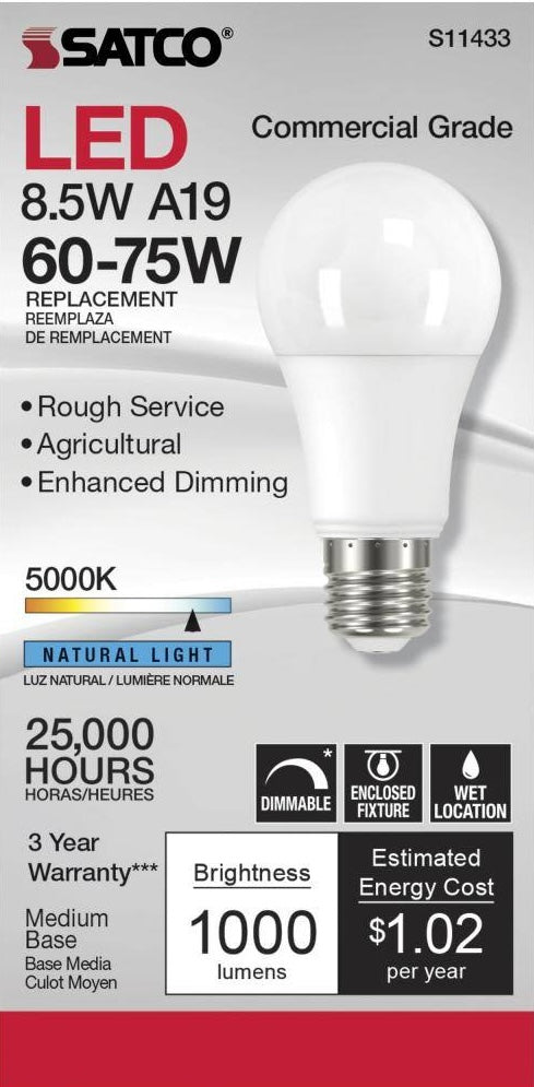 Commercial grade 8.5W LED A19 bulb with natural light, medium base, dimmable, for agricultural and rough service use under $50 collection