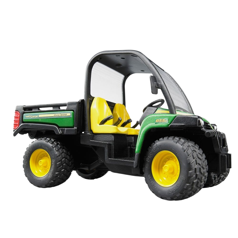 Green and yellow toy utility vehicle resembling a John Deere Gator with large tires and seating for two
