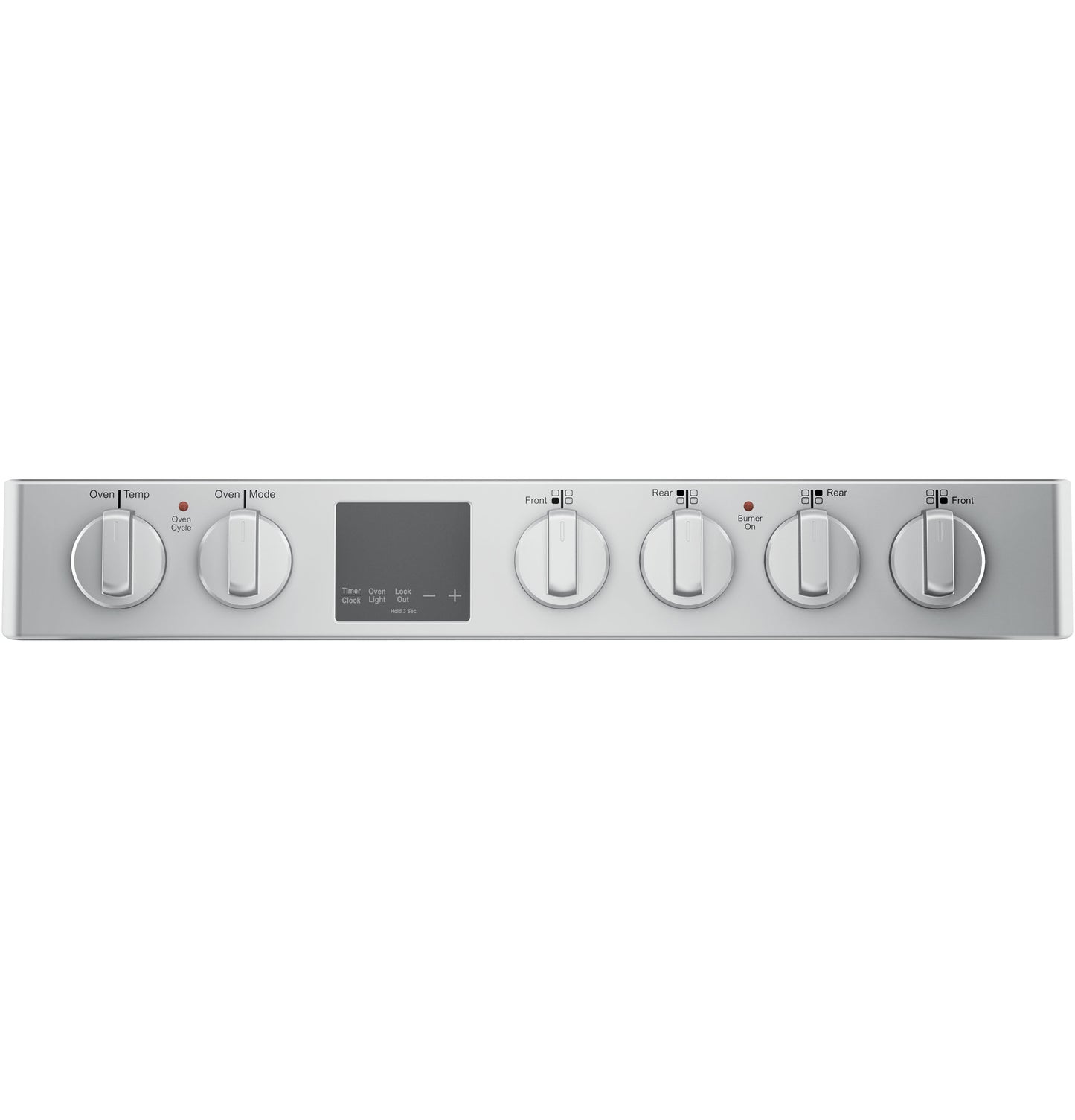 Control panel for Haier electric range featuring oven temperature, mode knobs, digital display, and front and rear burner controls