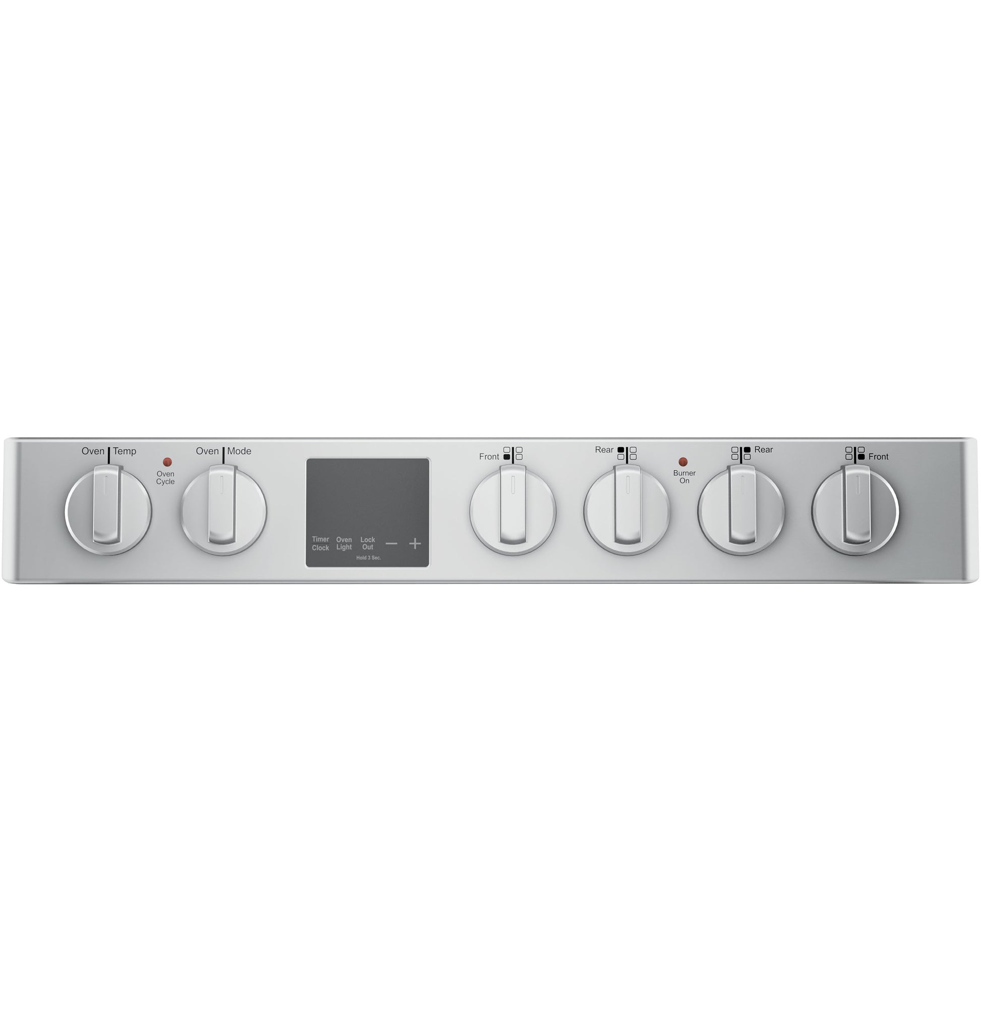 Control panel for Haier electric range featuring oven temperature, mode knobs, digital display, and front and rear burner controls