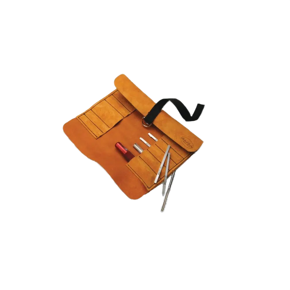 Light brown leather tool roll with multiple pockets holding micro tools for woodworking and home improvement projects