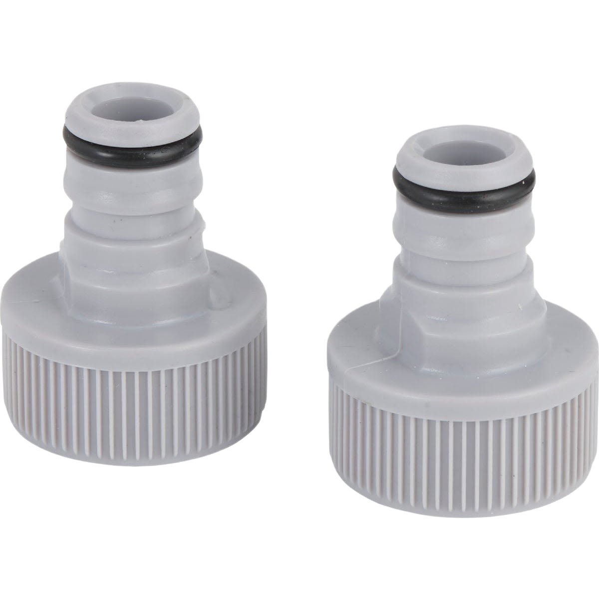 Pair of gray polymer quick connect hose connectors with O-rings for watering and irrigation in lawn and garden tools