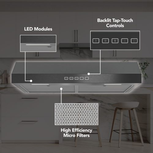 under cabinet range hood with backlit touch controls, LED lighting, and high efficiency micro filters in kitchen appliances