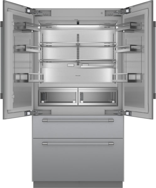 Open built-in stainless steel French door bottom freezer refrigerator with adjustable shelves from Thermador Appliances collections