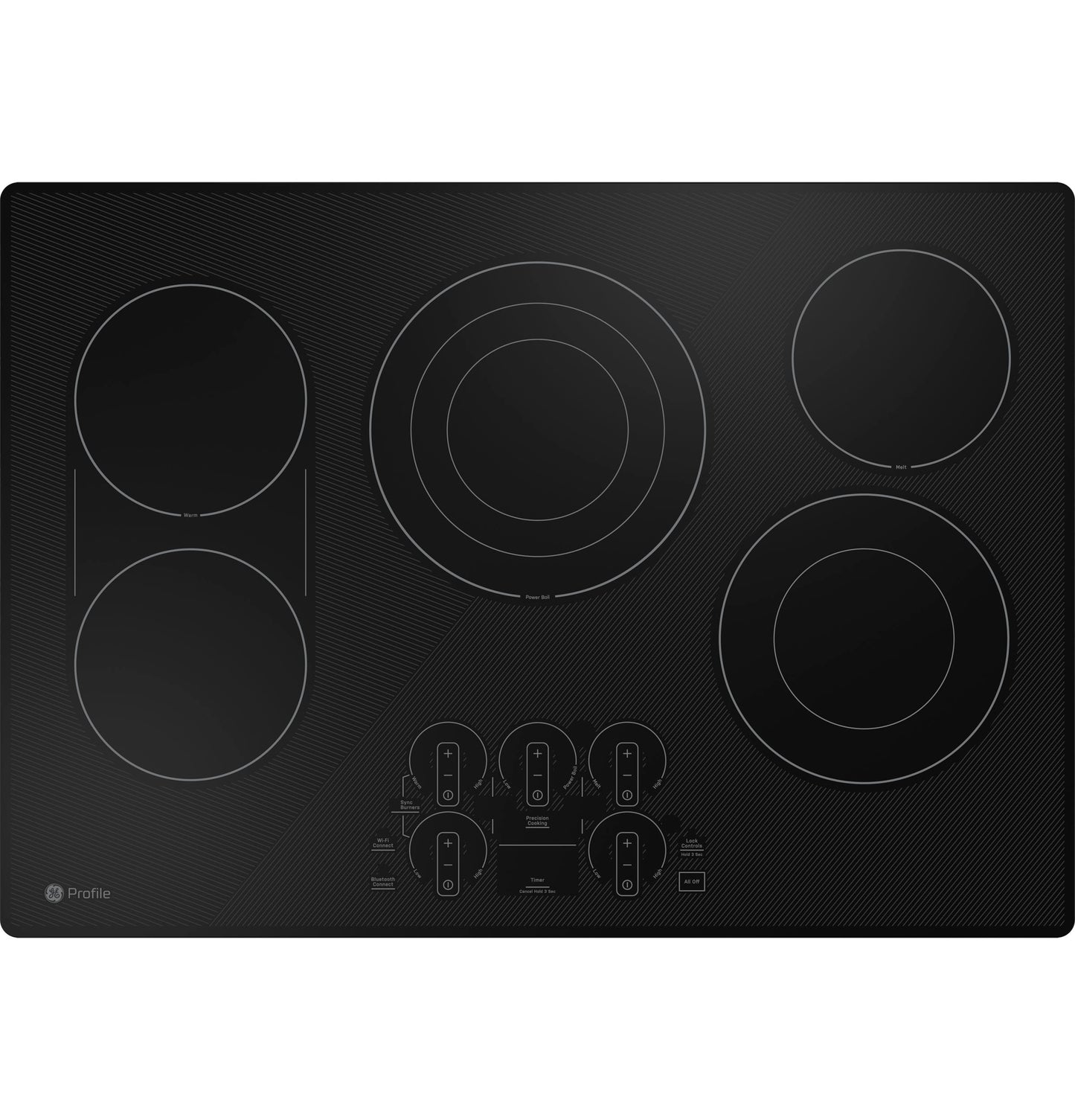 Black built-in electric cooktop with five heating zones and touch control panel from electric cooktops and kitchen appliances collection