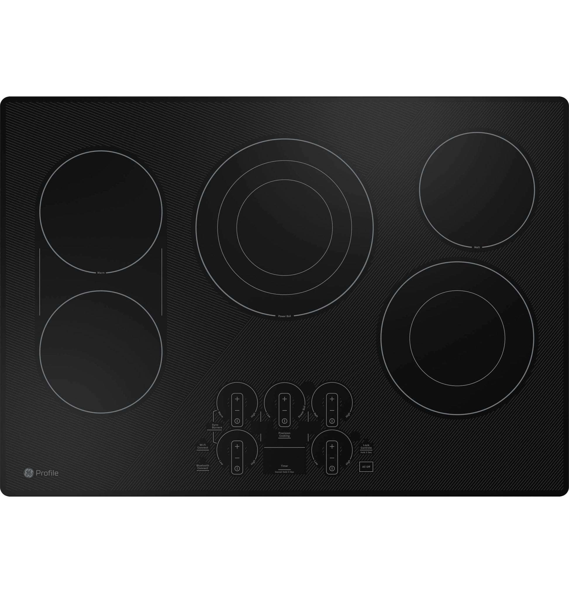Black built-in electric cooktop with five heating zones and touch control panel from electric cooktops and kitchen appliances collection