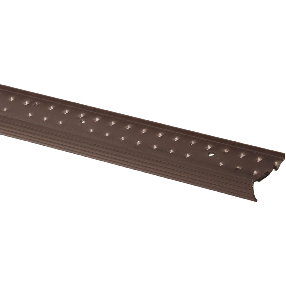 Pewter aluminum carpet gripper strip with angled teeth for securing and finishing carpet edges in flooring projects