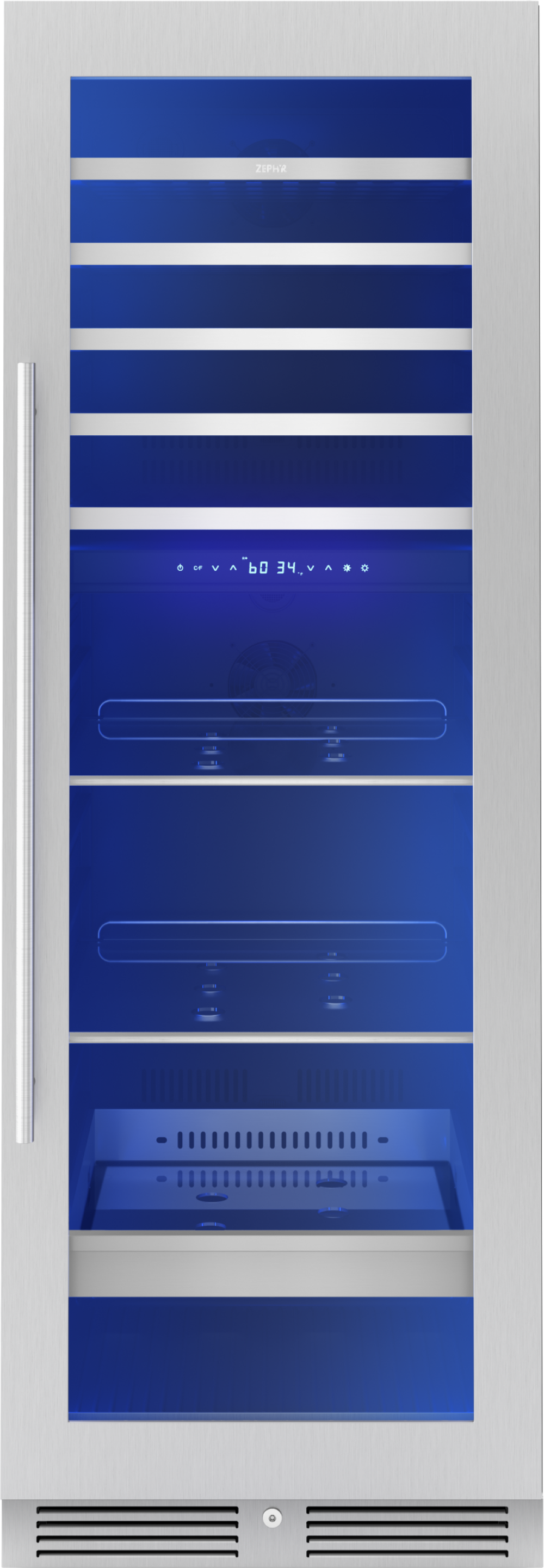 Stainless steel full-size reversible beverage center with glass door, digital controls, and blue interior LED lighting in kitchen appliances collection