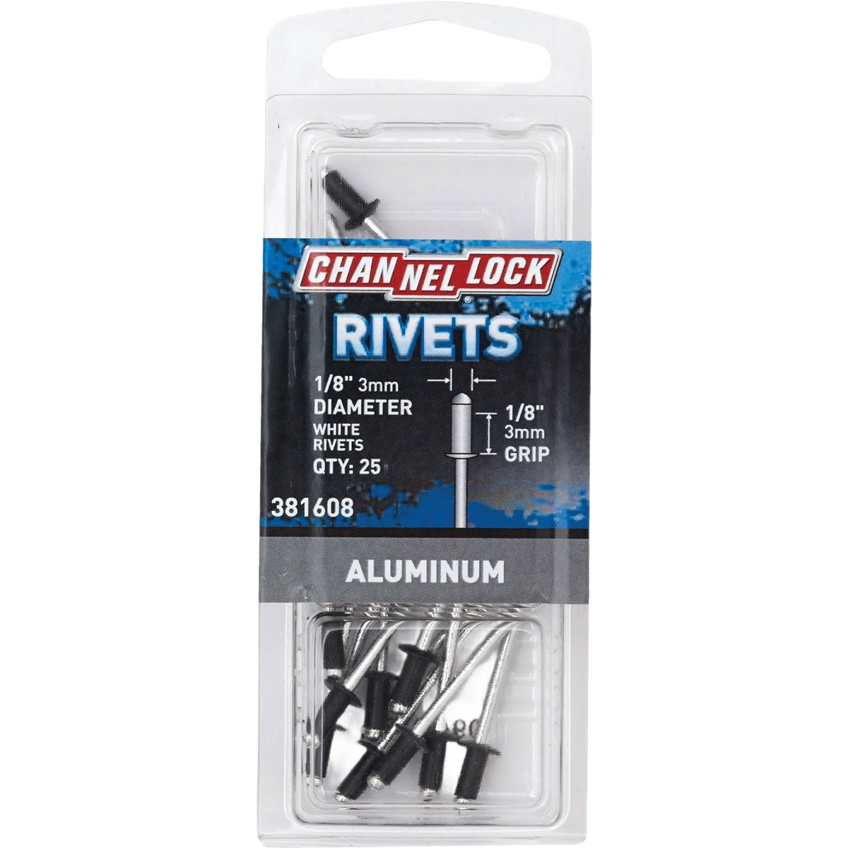 Clear plastic package of white aluminum pop rivets with black mandrels, suitable for home improvement projects