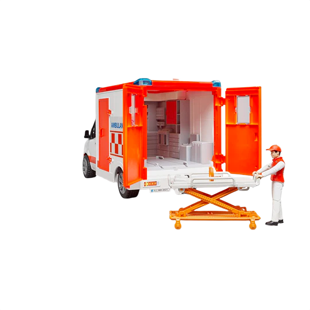 Red and white toy ambulance with open rear doors, stretcher, and figure in rescue uniform for role play scenarios