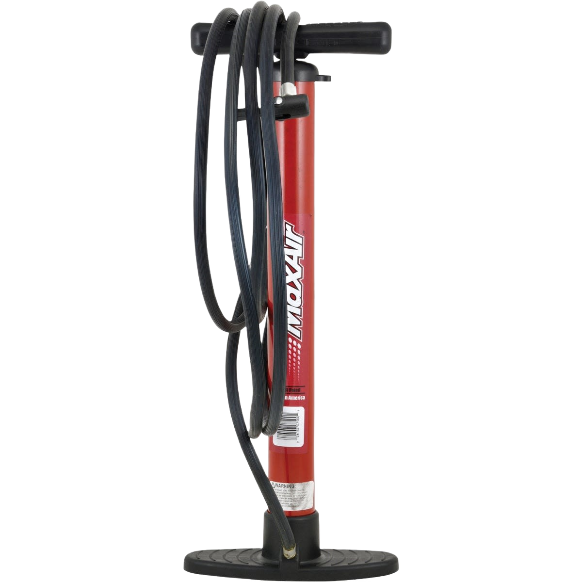Red hand air pump with black hose and handle for inflating tires, sports balls, and inflatables in toys and bicycles