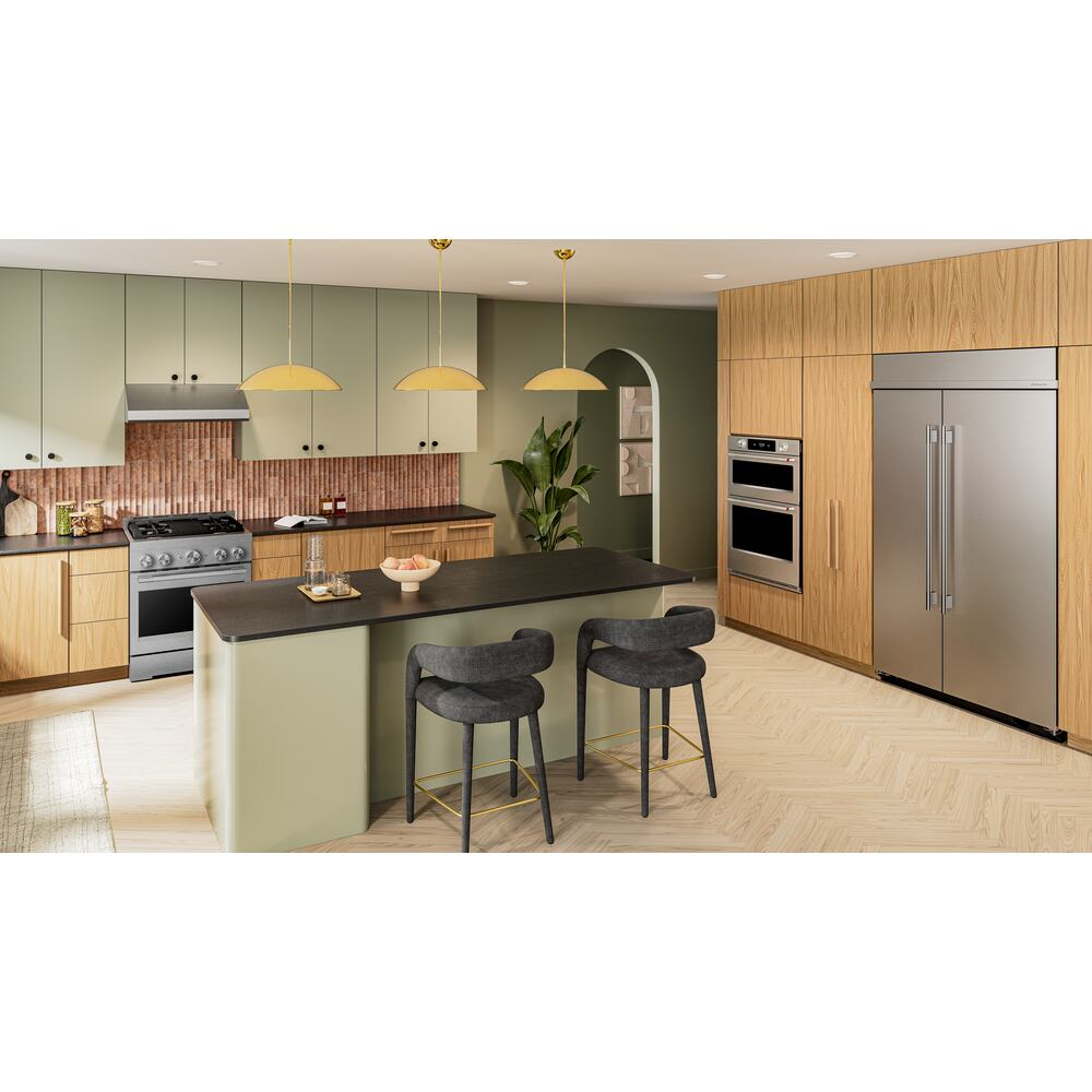 Modern kitchen with stainless steel 30-inch commercial-style gas range and light wood cabinetry from Ranges collection