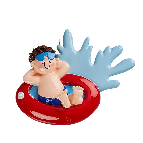 Male figure relaxing in red tubing with blue splash detail for Christmas Ornaments & Tree Decorations under $50 collection