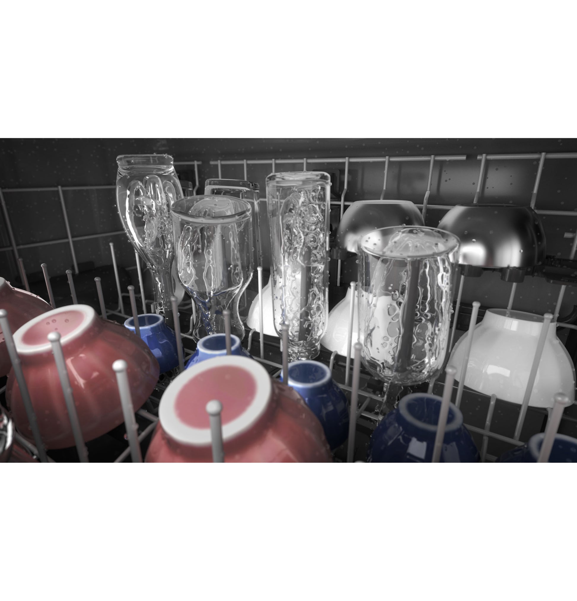 Open dishwasher rack loaded with glasses and colorful bowls, part of kitchen and appliance collection.