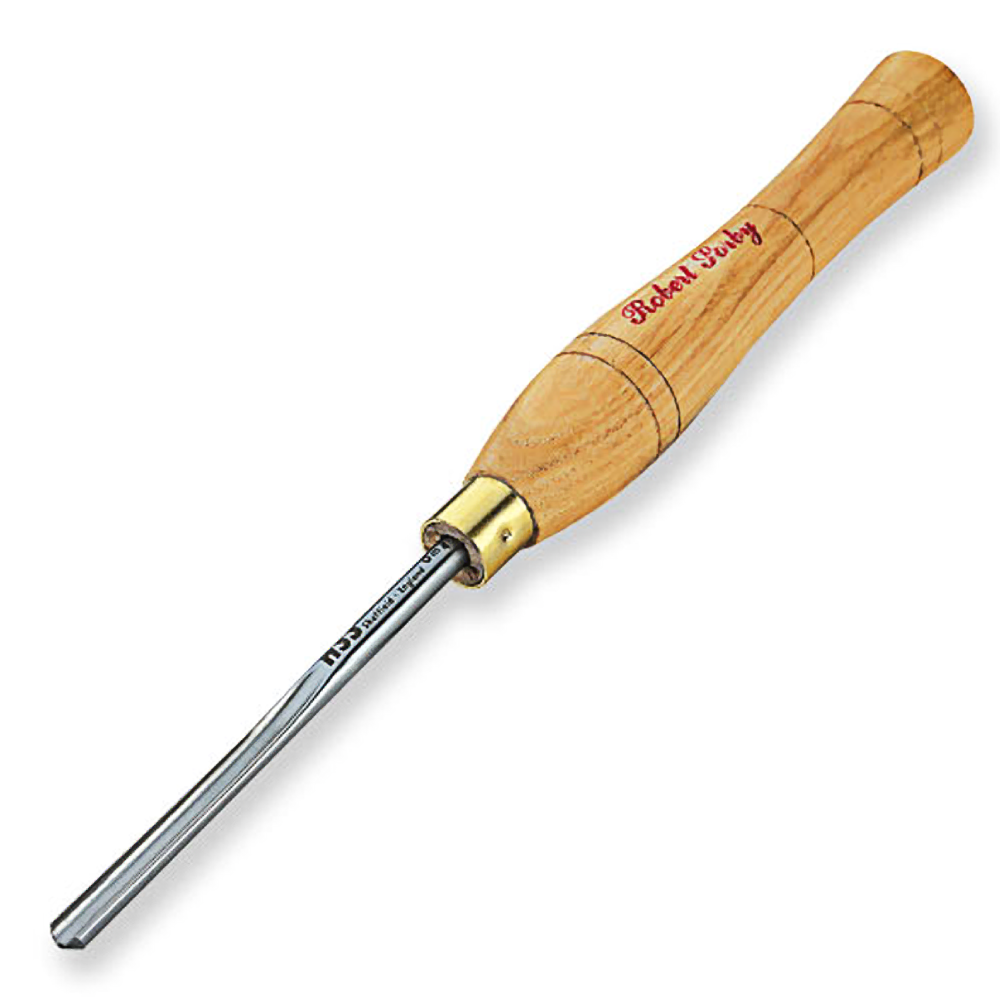 Woodturning micro spindle gouge with polished steel blade and smooth wooden handle for detailed woodworking tasks