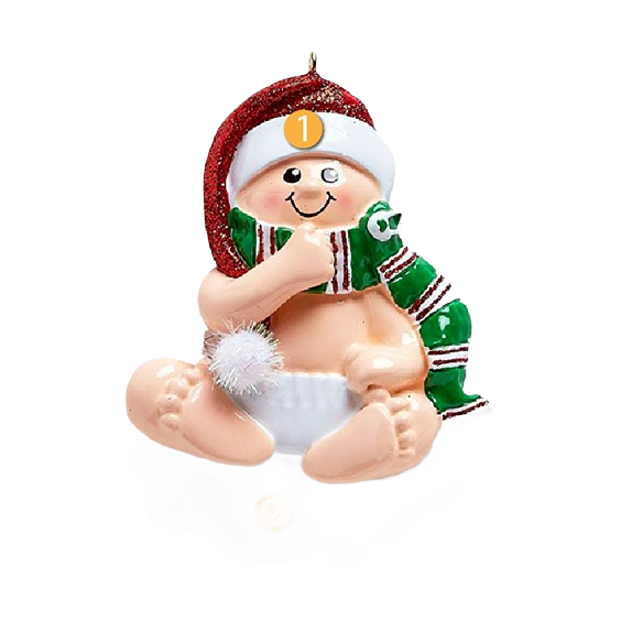 Smiling baby ornament wearing red glitter Santa hat and green striped scarf for Christmas tree decor under $50 collection