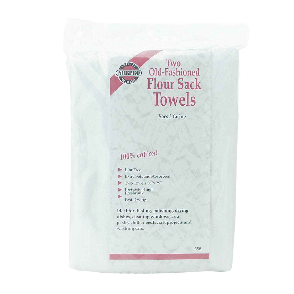 Package of two white 100% cotton flour sack towels for kitchen use in Kitchen & Kitchenware collections under $25