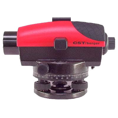 Compact automatic level with red and black casing, mounted on a rotatable base with adjustment knobs, for precision measuring in hand tools and rental equipment collections at Hartville Hardware.