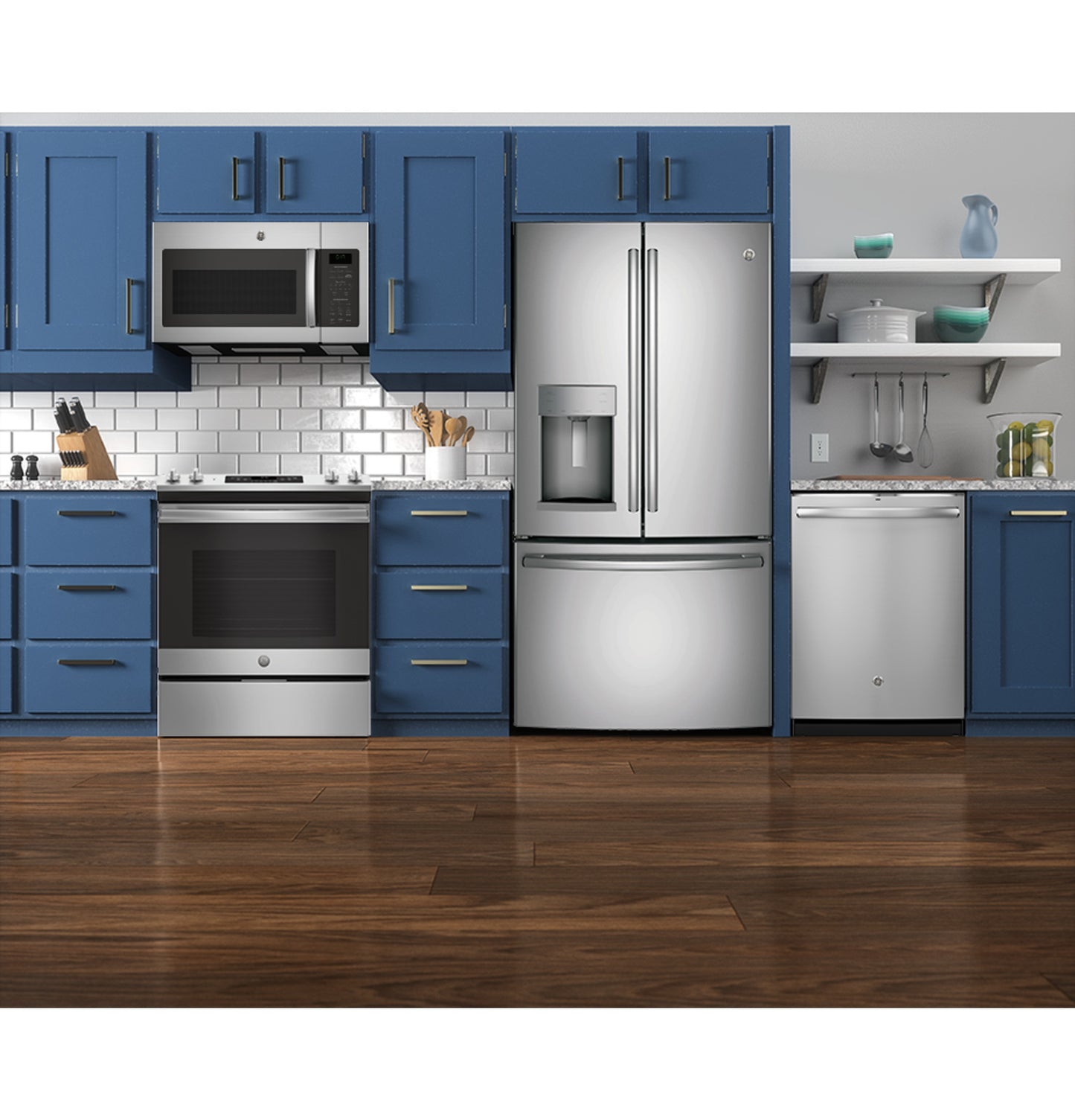 Stainless steel over-the-range microwave above electric stove with matching refrigerator and dishwasher in modern kitchen setting