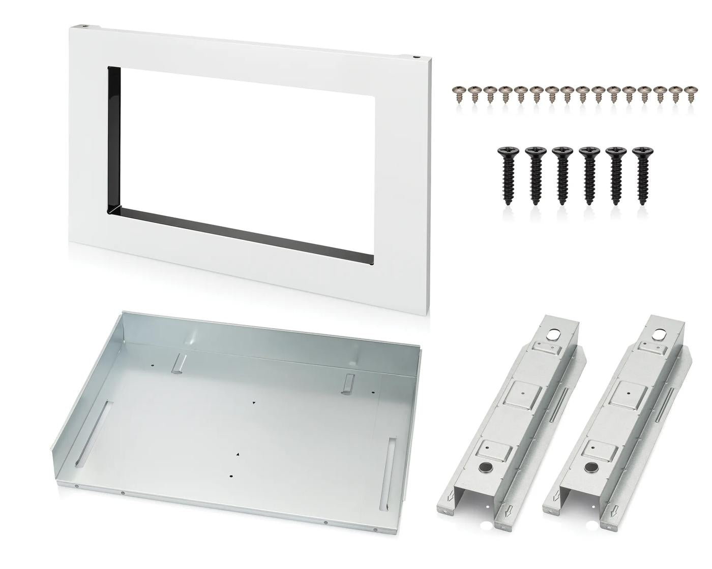 White microwave trim kit with mounting brackets and screws for built-in appliance installation in kitchen settings
