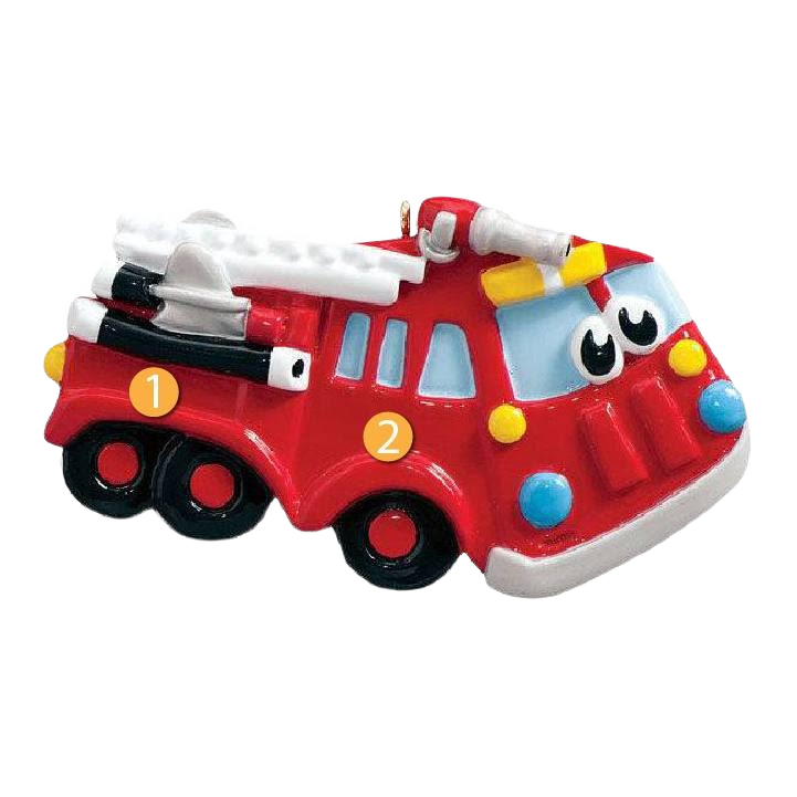Red toy fire truck ornament with cartoon eyes and attached white hoses for Christmas tree decoration under $50 collection