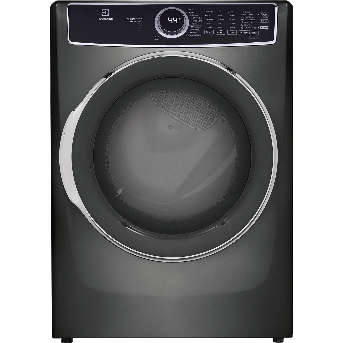 Front view of dark gray front load electric dryer with digital control panel showing drying time and multiple cycle options