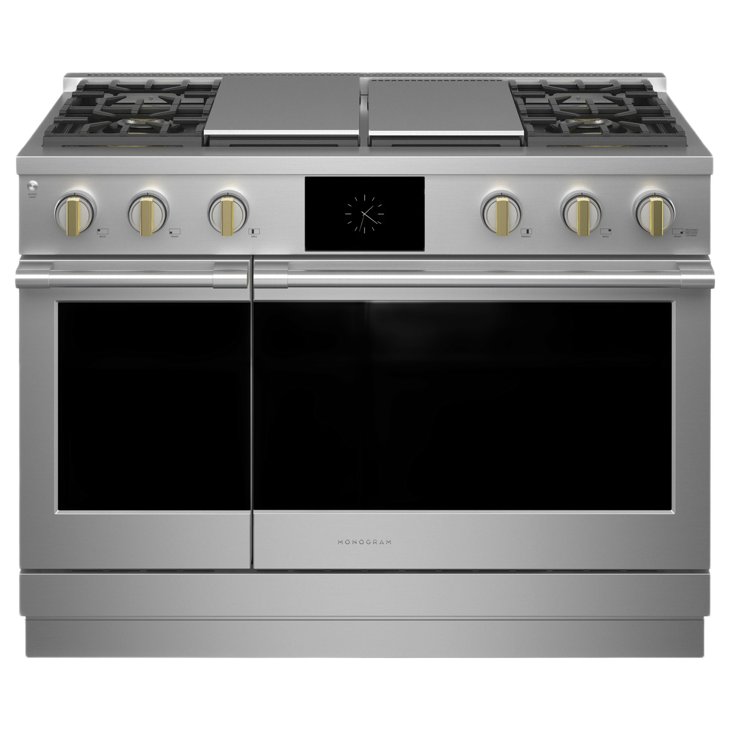 Front view of stainless steel dual-fuel professional range with burners, grill, griddle, and digital control panel