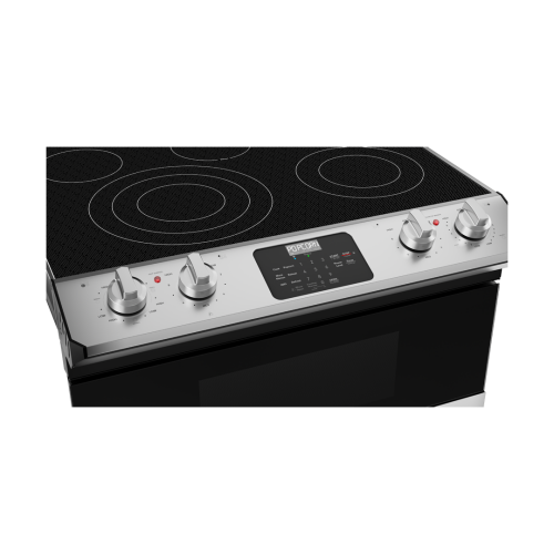 Stainless steel smart electric range with smooth glass cooktop, five heating elements, digital display, and control knobs