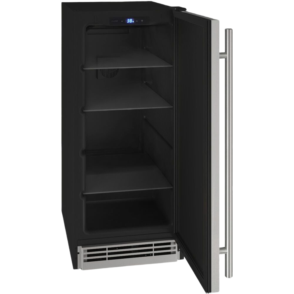 Tall black refrigerator with three shelves and digital temperature display, stainless steel handle from Appliances collection