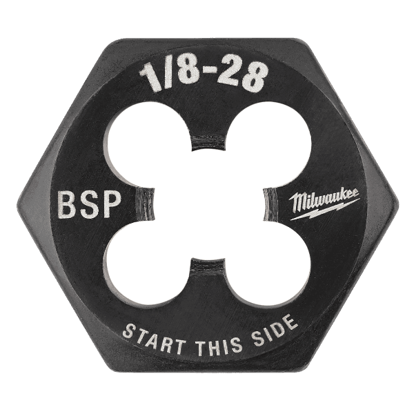 Hexagonal black threading die for 1/8-28 BSP threads with white markings for home improvement tools use