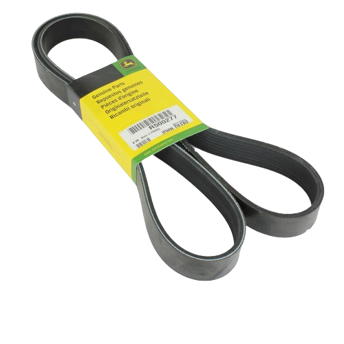 Black rubber V-belt with multi-ribbed design and yellow-green genuine parts label for tools and home improvement use