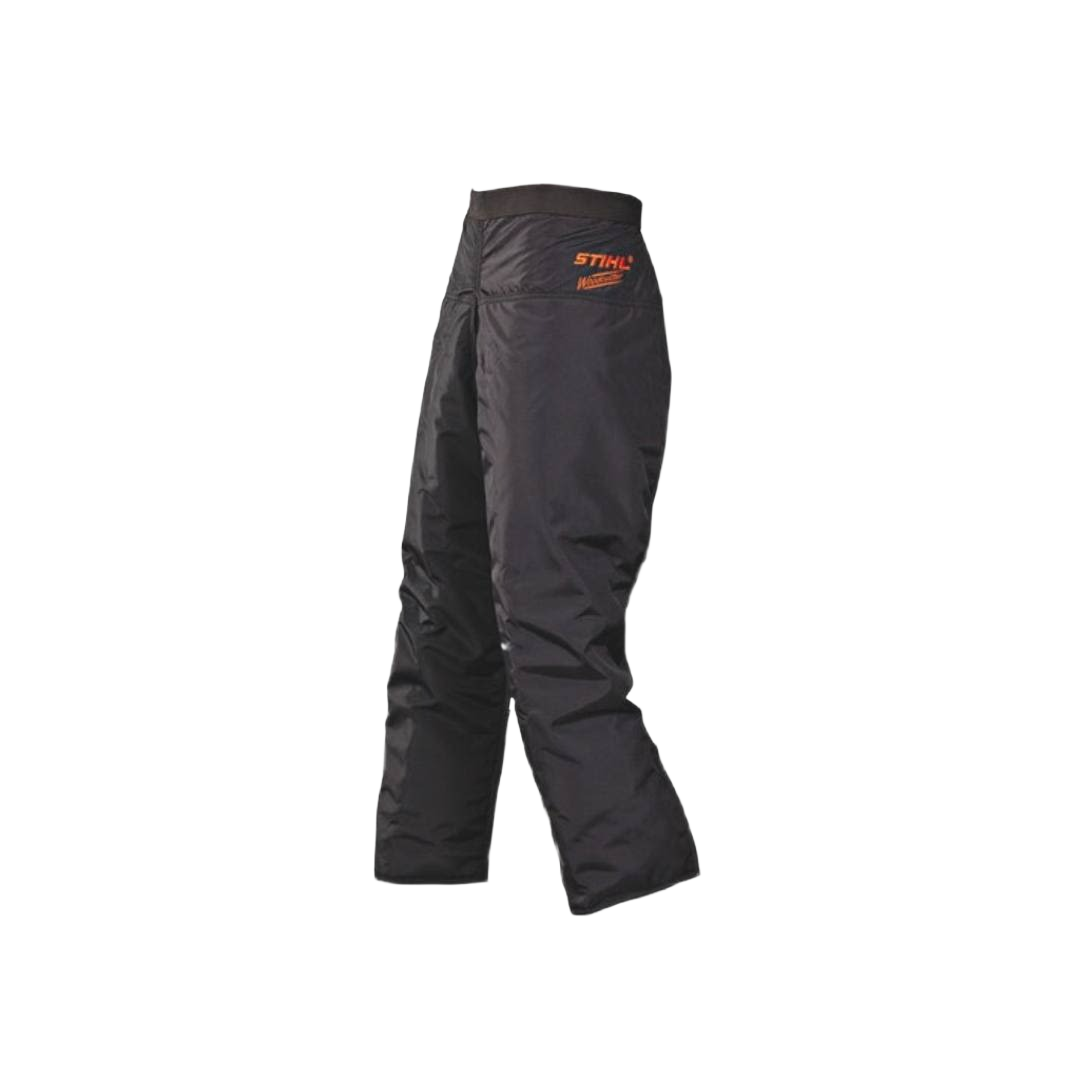 Black six-layer protective chaps designed for outdoor work and home improvement with durable STIHL branding