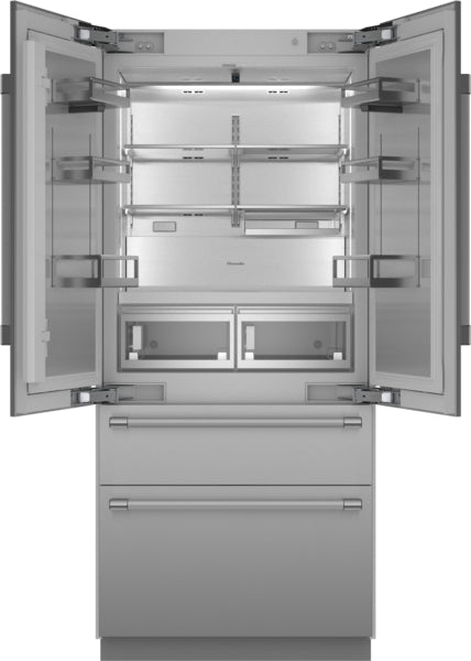 Open built-in stainless steel French door refrigerator with bottom freezer and adjustable shelves from Thermador collection