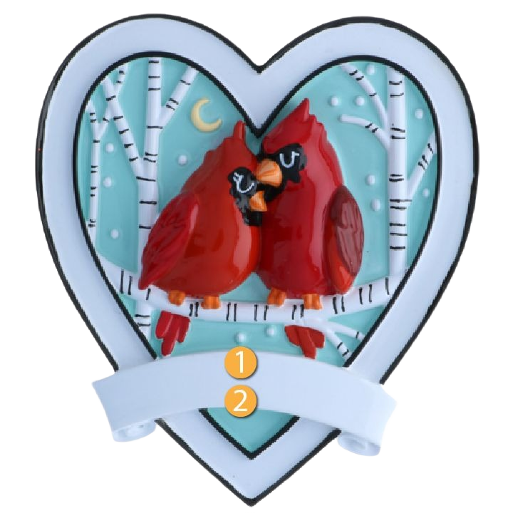Heart-shaped ornament with two red cardinals perched on snowy birch branch from Christmas Ornaments collection under $50
