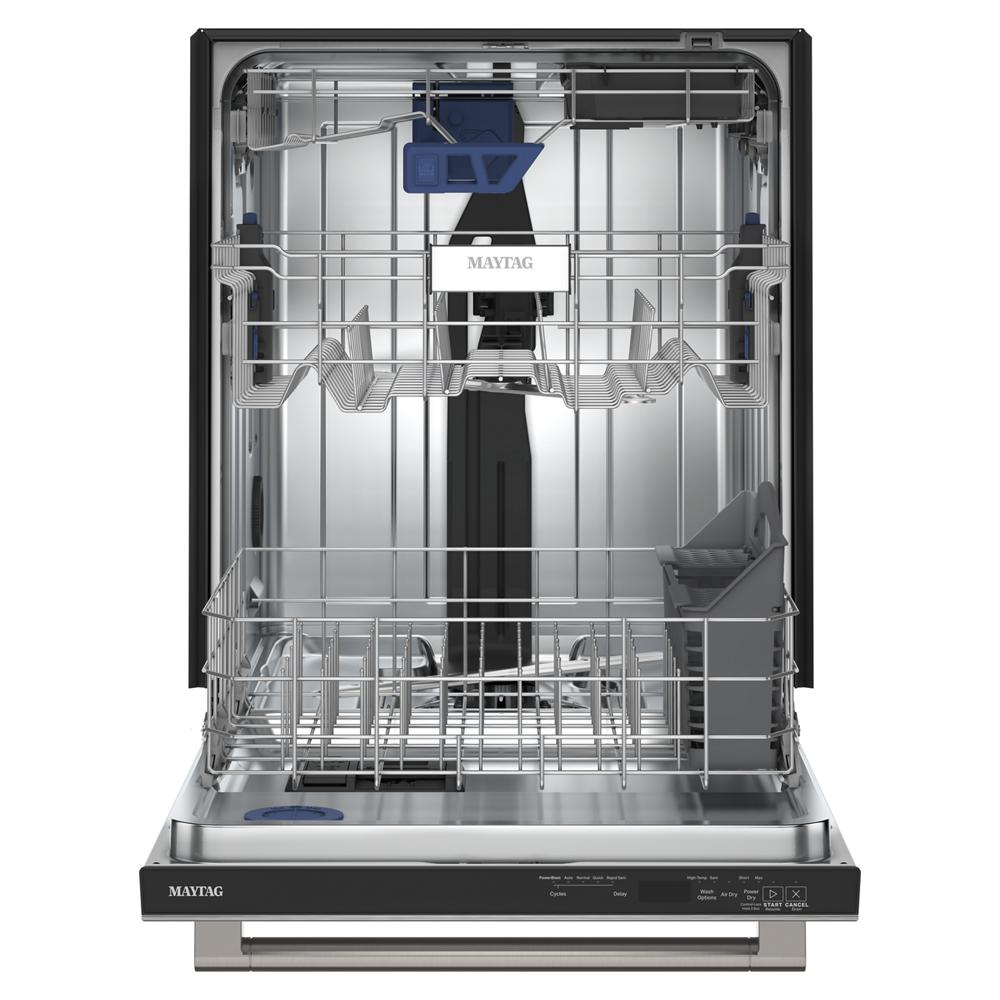 Interior view of stainless steel dishwasher with adjustable racks and utensil holder from kitchen appliances collection