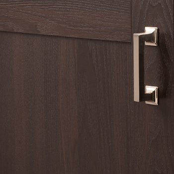 Satin nickel cabinet pull with a minimalist rectangular design on dark wood for hardware and furniture accessories