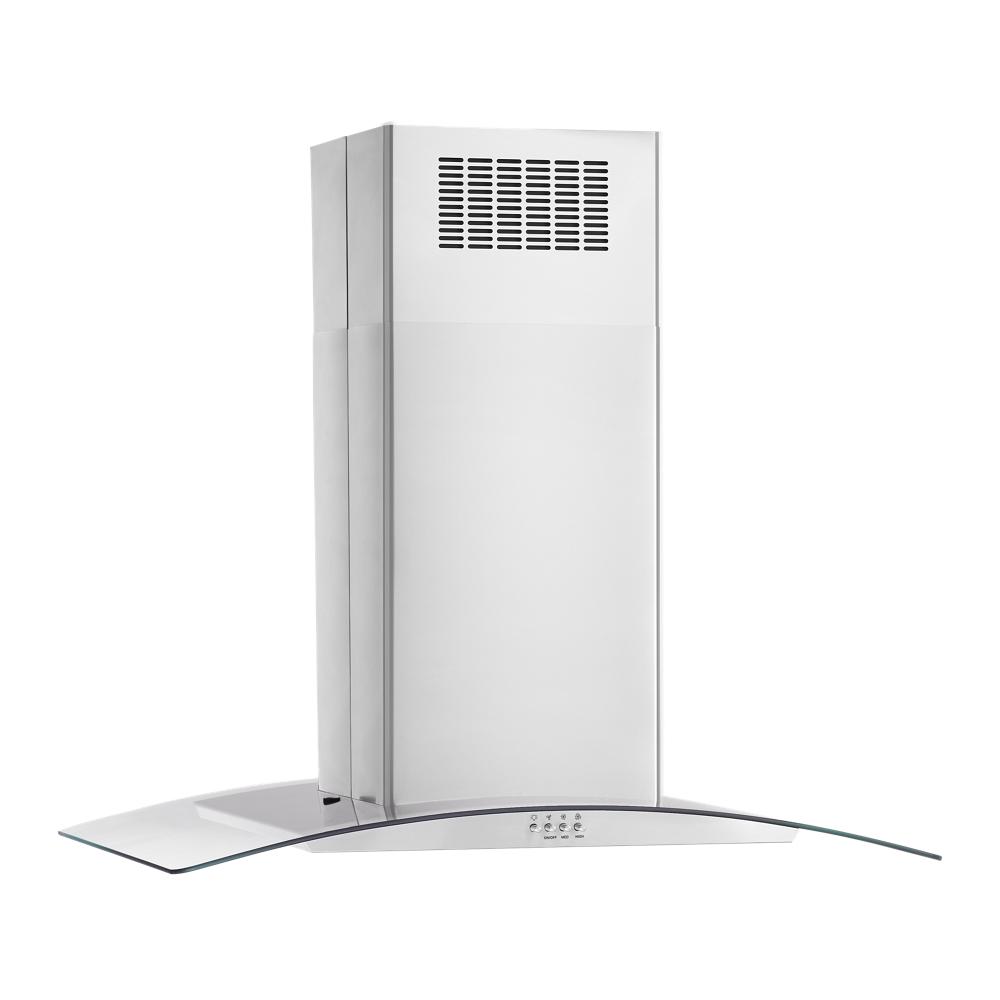 Modern stainless steel curved glass island range hood with vent and control buttons from island range hoods collection