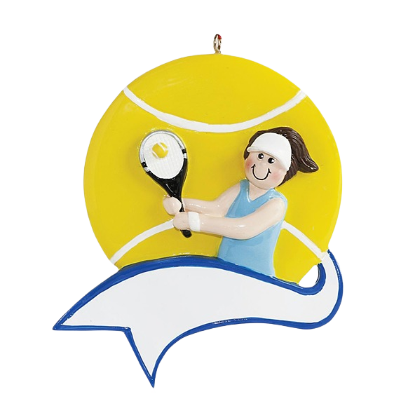 Personalized female tennis serve ornament with smiling player and yellow tennis ball for Christmas tree decoration under $50
