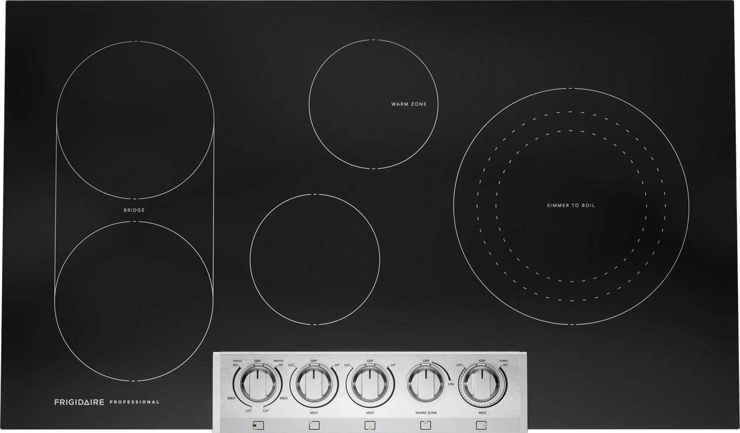 36-inch black radiant electric cooktop with five cooking elements and stainless steel control panel from cooktops collection