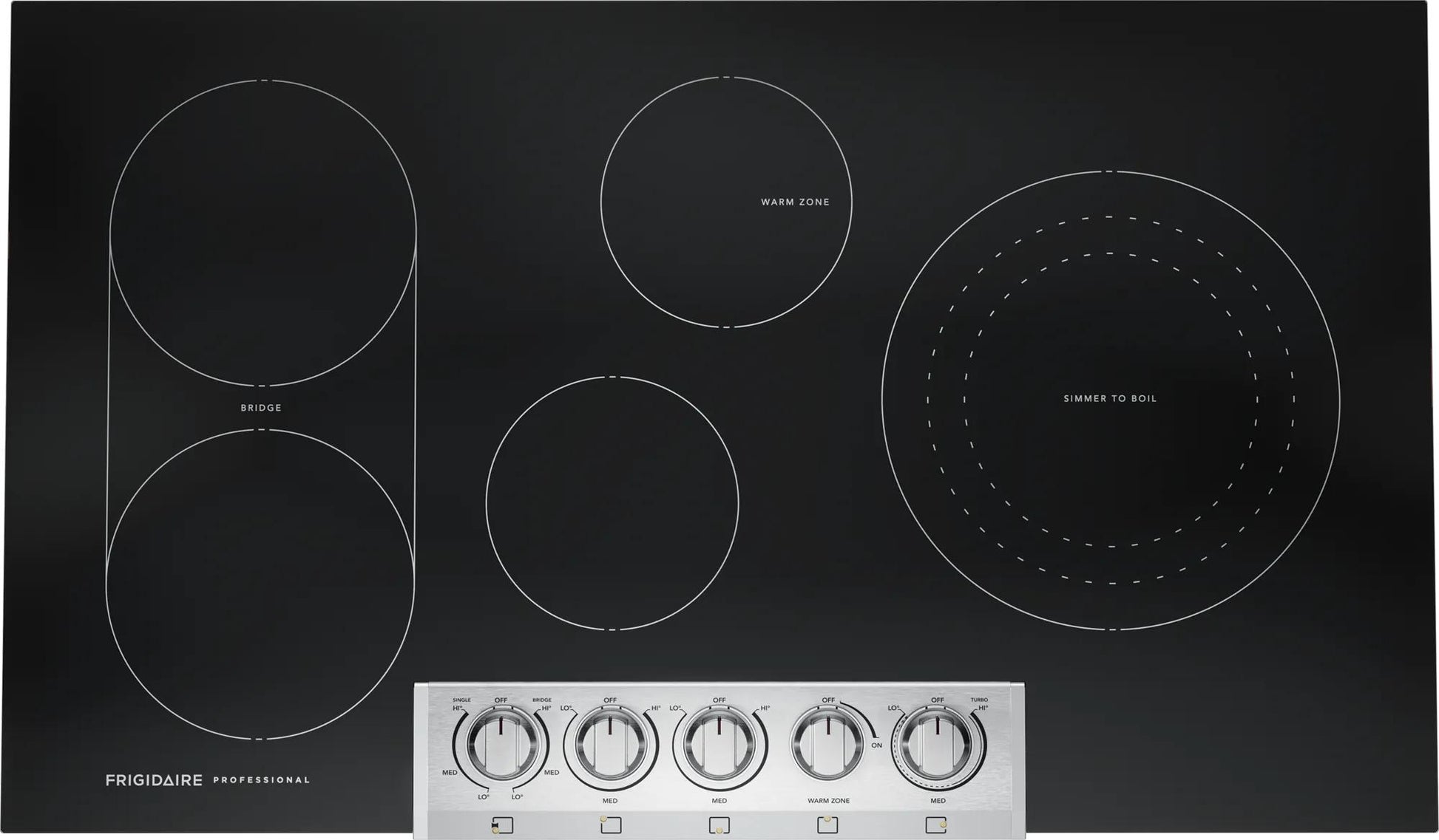 36-inch black radiant electric cooktop with five cooking elements and stainless steel control panel from cooktops collection
