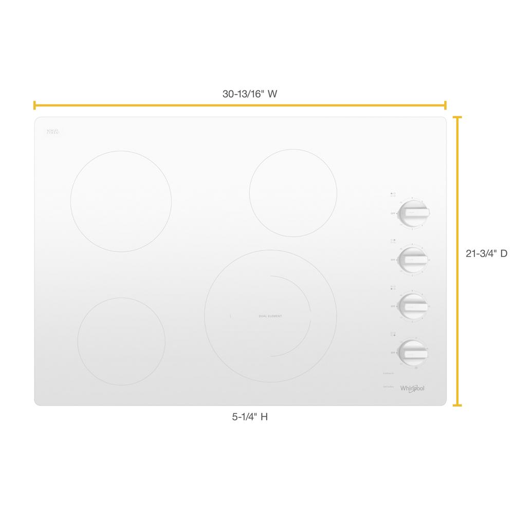 White 30-inch electric ceramic glass cooktop with four burners and right-side control knobs in appliances collection