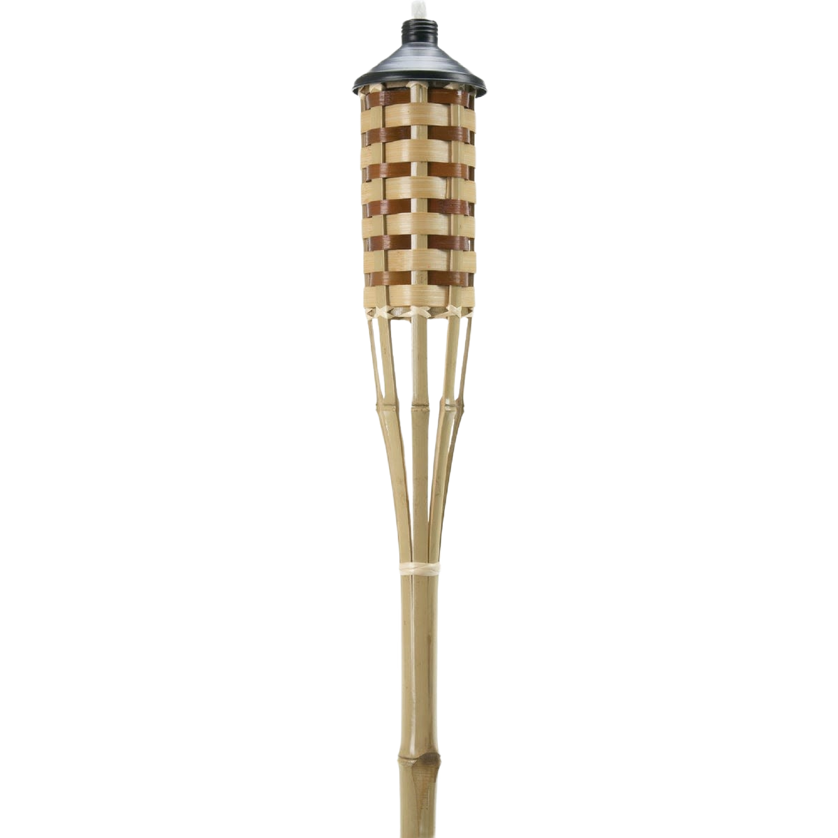 Natural bamboo patio torch with woven design and metal top for outdoor insect control and lawn and garden use