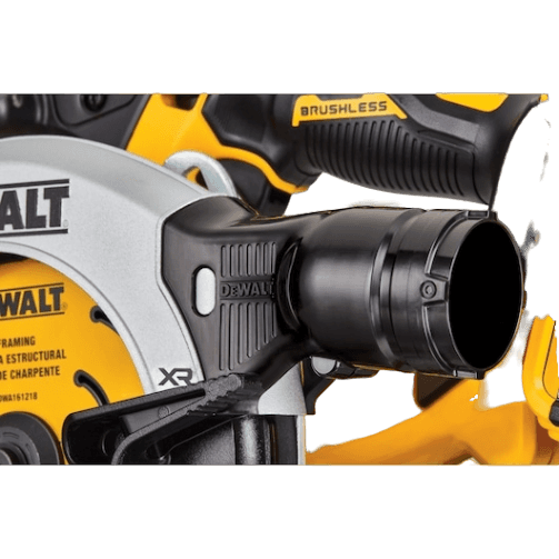 Close-up of a black dust port and silver blade guard on a cordless brushless circular saw from the Dewalt 20V MAX woodworking power tools collection.
