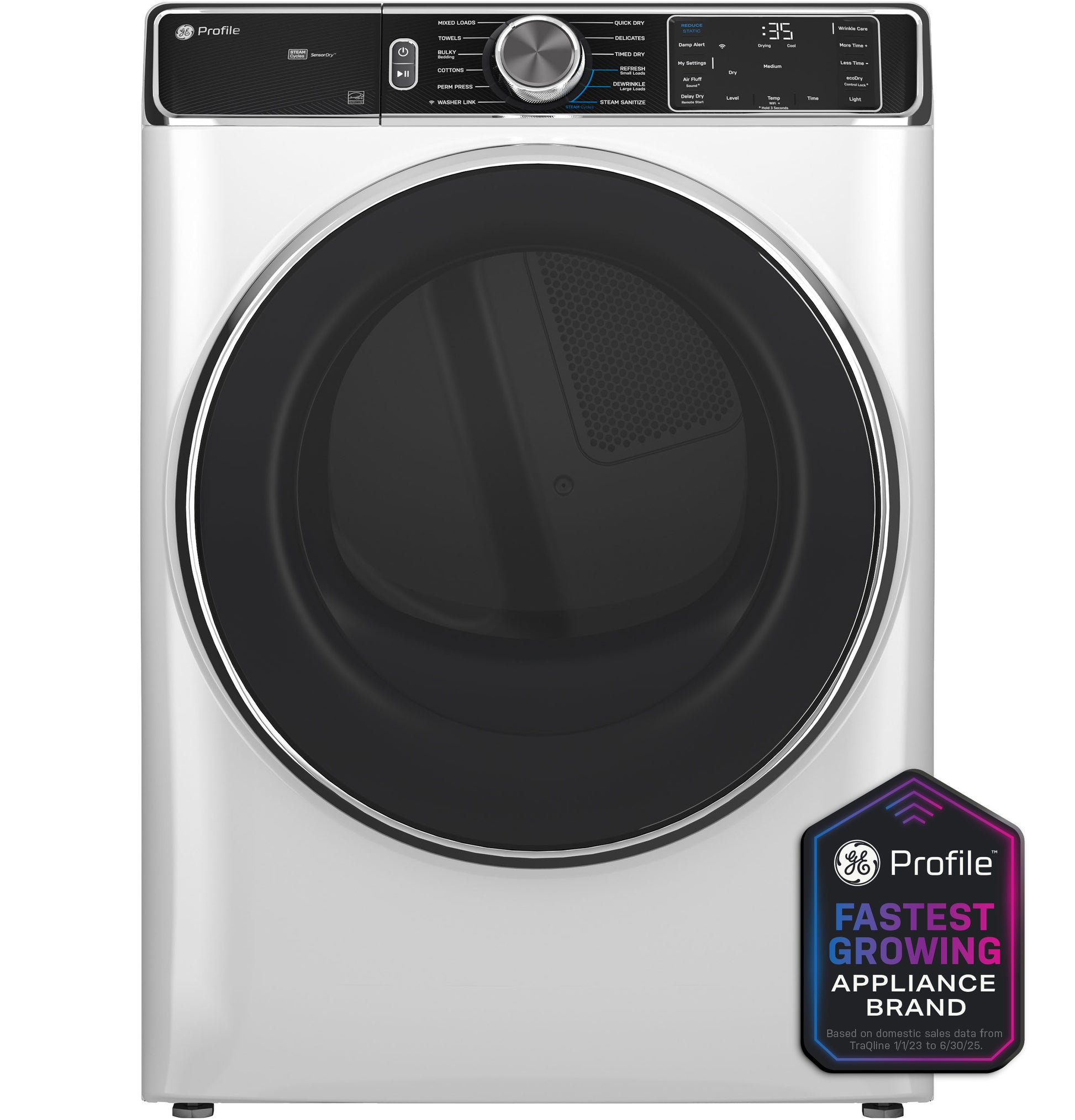 Front load gas dryer with digital controls, large tinted door, and badge highlighting fastest growing appliance brand in dryers collection