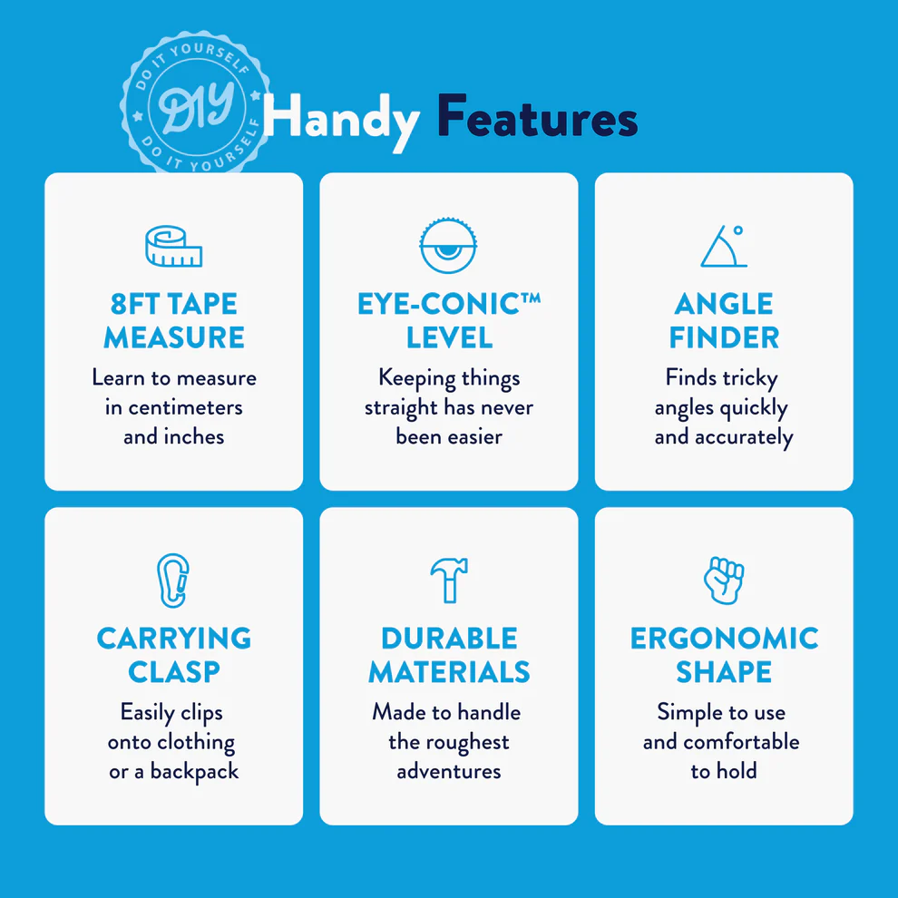 Blue infographic highlighting features of an 8ft measuring tape with level, angle finder, clasp, durable build, and ergonomic design for home improvement.