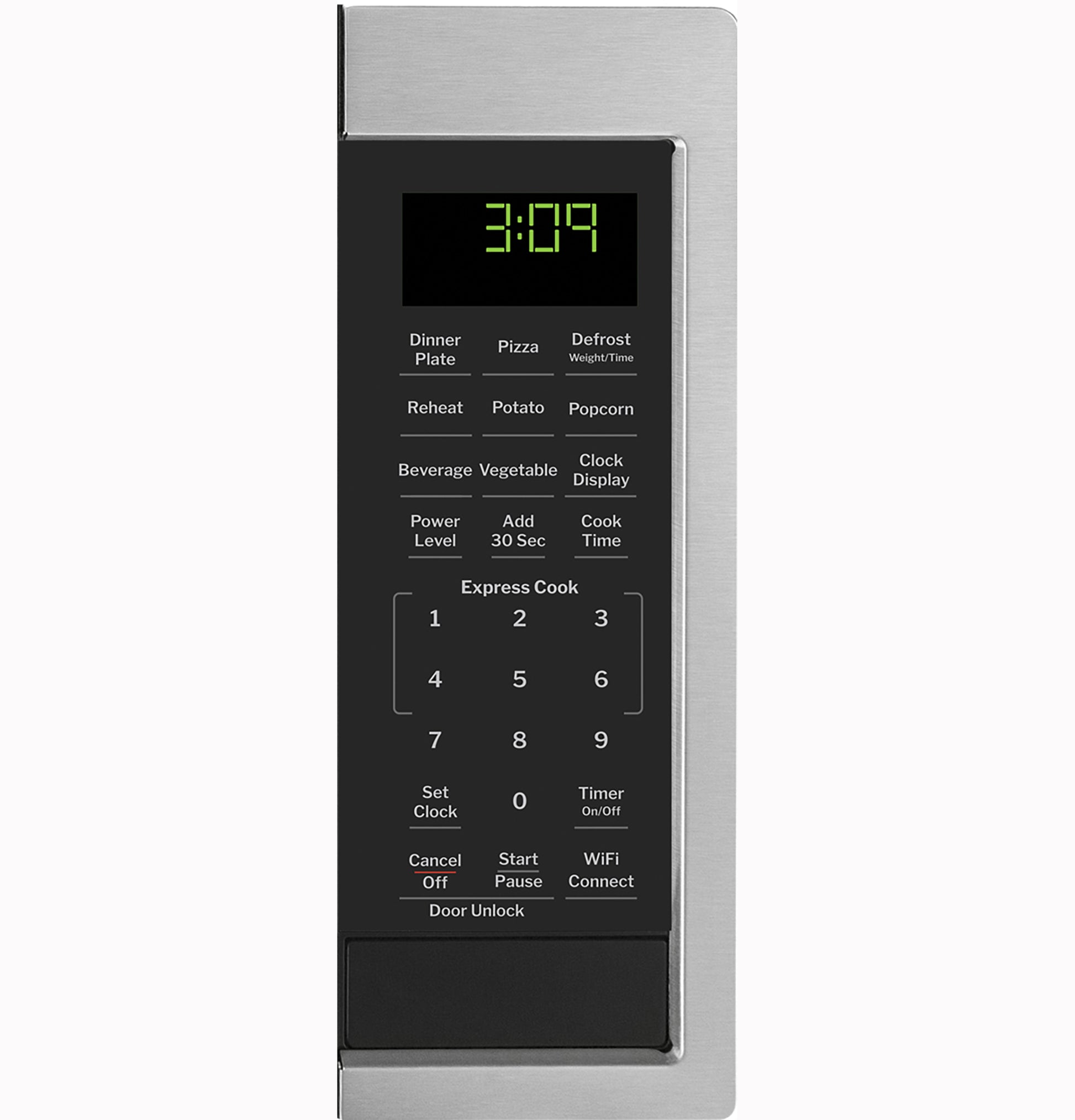 Close-up of digital control panel with touch buttons and green LED clock on stainless steel smart countertop microwave