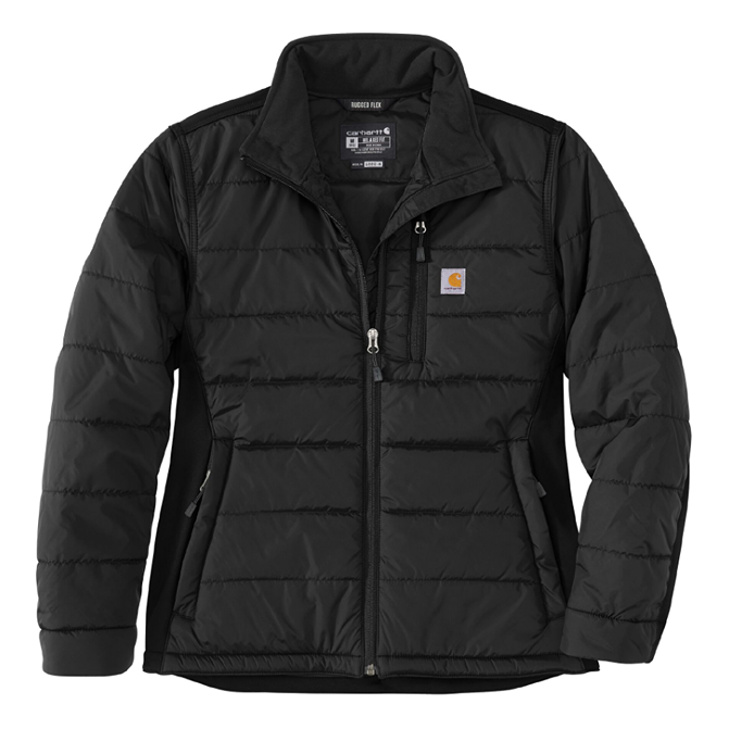 Black insulated women's jacket with quilted nylon shell and zippered pockets for outerwear and clothing collections