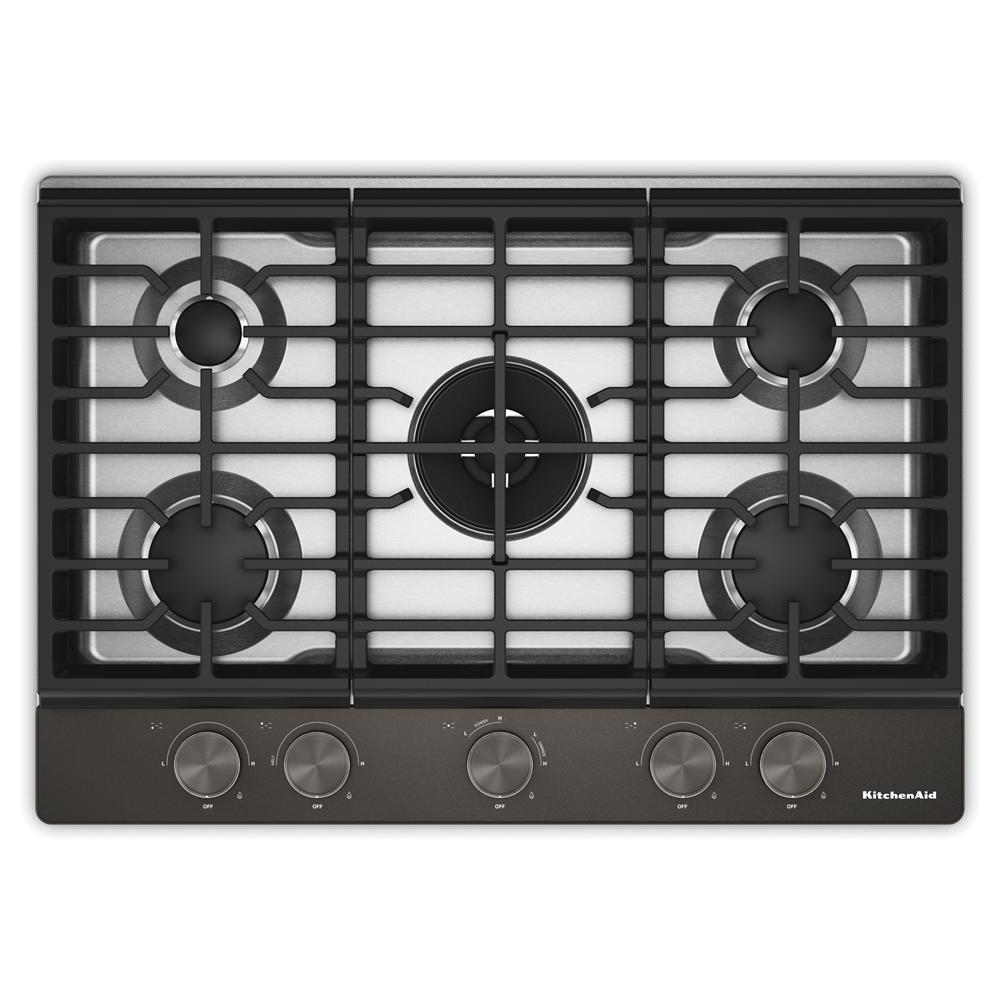 Top view of a 30-inch gas cooktop in dark finish with five burners, integrated wok grate, and five control knobs, part of KitchenAid cooktops and gas cooktops collections.